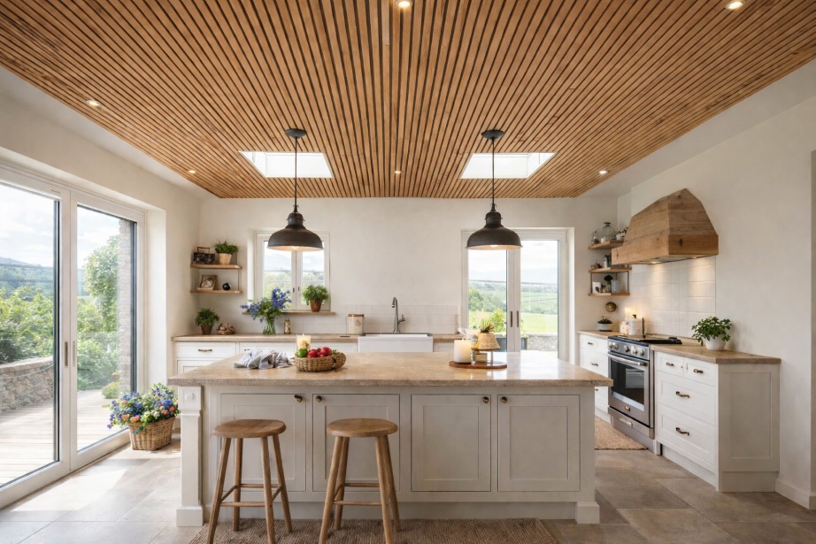 Drewniane lamele sufitowe w kuchni poprawiające komfort akustyczny