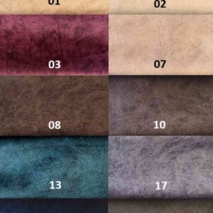 paleta-kolorow-ditto-velvet Paleta kolorów tkaniny Ditto Velvet z ponumerowanymi próbkami w odcieniach beżu, brązu, bordo, niebieskiego i szarości