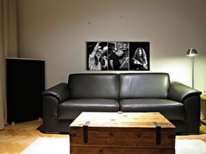 printed acoustic panel on the sofa