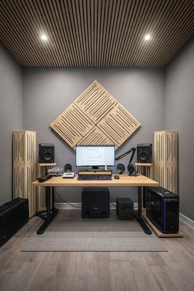 Studio z panelami akustycznymi i dyfuzorami sufitowymi poprawiającymi kontrolę dźwięku
